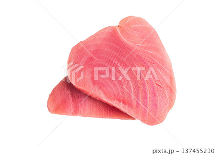 Premium raw tuna fillet steak, ideal for grilling or sashimi, a must-have for gourmet dishes and healthy meals. isolated on white background. top view 137455210