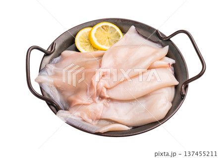 Fresh raw squid ready for preparation, perfect for sushi, stir-fries, or gourmet seafood dishes. isolated on white background. top view 137455211