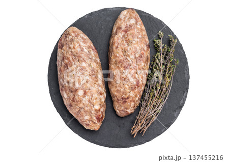 A platter of raw lula kebabs marinated in aromatic herbs, perfect for barbecuing or grilling at your next gathering. isolated on white background. top view A platter of raw lula kebabs marinated in aromatic herbs, perfect for barbecuing or grilling at your next gathering. isolated on white background. top view 137455216
