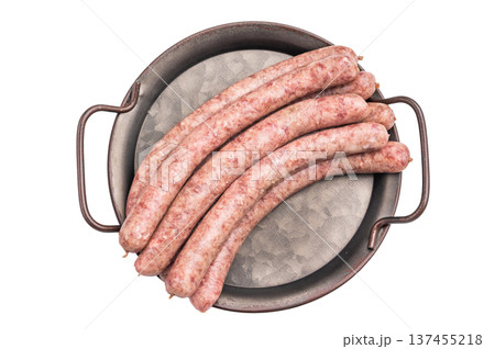 Fresh raw sausage links ready for grilling, perfect for barbecues or hearty family meals.. isolated on white background. top view Fresh raw sausage links ready for grilling, perfect for barbecues or hearty family meals.. isolated on white background. top view 137455218