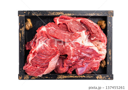 Tender raw beef neck meat, a versatile ingredient for delicious soups and comforting family dinners. isolated on white background. top view 137455261