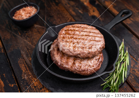 Deliciously charred grilled meat burger patty on the grill, perfect for satisfying cravings at any cookout. wooden background. top view 137455262