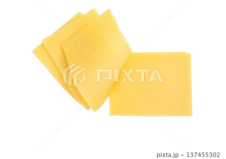 Stack of semi hard yellow cheese slices on clean white background, Gouda Edam type dairy for melting sandwiches and snacks Stack of semi hard yellow cheese slices on clean white background, Gouda Edam type dairy for melting sandwiches and snacks 137455302