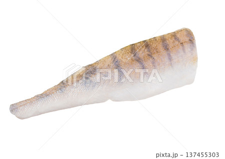 Raw pike perch fillets isolated on white background, one skin on and one skinless, fresh zander seafood ready for cooking. 137455303