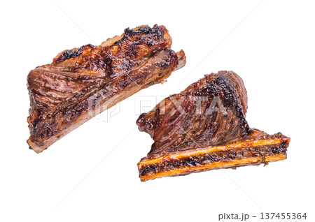 Isolated Beef Short Rib, Extreme close-up of a single, glazed beef rib on the bone, isolated on a clean white background. 137455364