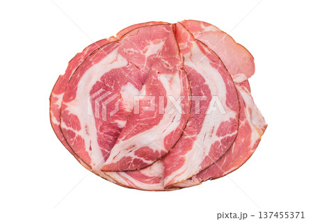Thin sliced Italian coppa capicola pork with rich marbling on a clean white background ideal for gourmet charcuterie stock images. Thin sliced Italian coppa capicola pork with rich marbling on a clean white background ideal for gourmet charcuterie stock images. 137455371