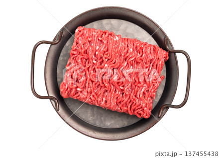 Fresh Raw pork and beef ground mince meat, mincemeat in a plate isolated on white background. 137455438