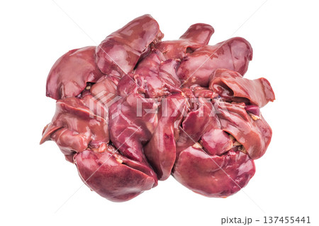 Fresh raw chicken liver on white background, glossy surface and rich texture ideal for cooking or culinary concept. 137455441
