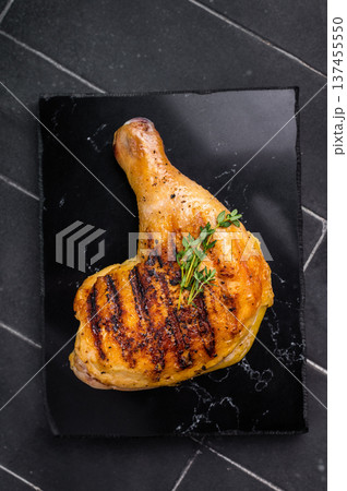 Grilled Glaze chicken legs, roasted poultry meat on black background, top view 137455550