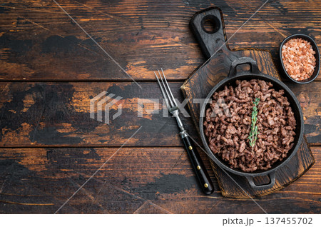 Fried ground beef and pork meat, fresh cooked mince in a skillet. wooden background. top view 137455702