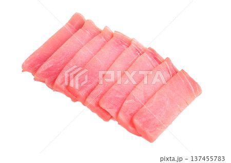 Premium quality tuna sashimi, expertly cut for maximum tenderness and taste, perfect for sushi enthusiasts. isolated on white background. top view 137455783