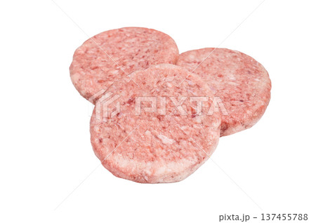Close up of a juicy raw meat patty cutlet, ideal for crafting mouthwatering sandwiches and savory dishes. isolated on white background. top view Close up of a juicy raw meat patty cutlet, ideal for crafting mouthwatering sandwiches and savory dishes. isolated on white background. top view 137455788