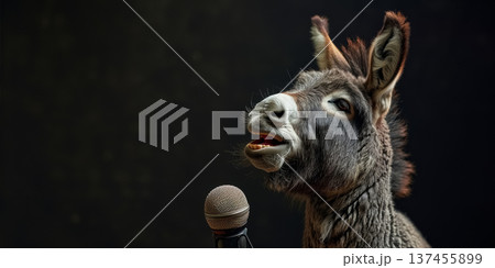 Adorable donkey singing song in microphone in music studio. Banner with donkey musician on black background with copy space 137455899