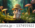 Cute rabbit wearing hat stands on log in forest surrounded by mushrooms and greenery at sunny day 137455922
