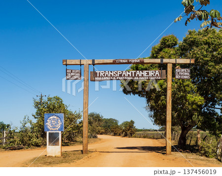 Entrance arch of the Transpantaneira road in the Northern Pantanal, Mato Grosso, Brazil 137456019
