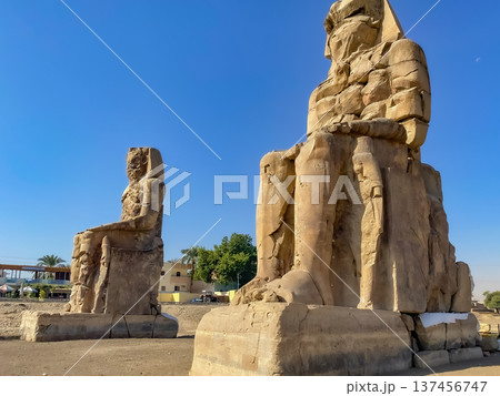 Colossi of Memnon, two massive stone statues representing the pharaoh, Luxor, Egypt 137456747