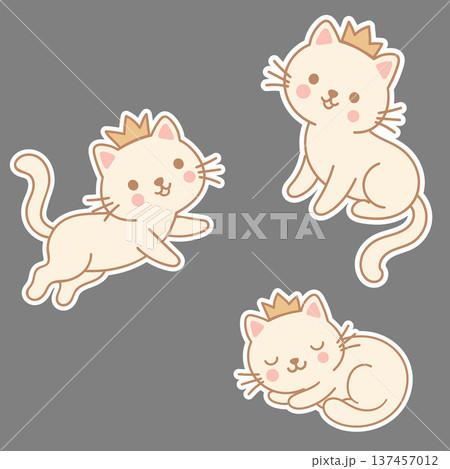 Cute Kawaii Princess Cat Sticker Set, Adorable Cartoon Kitty Characters with Crown.s ticker pack 137457012