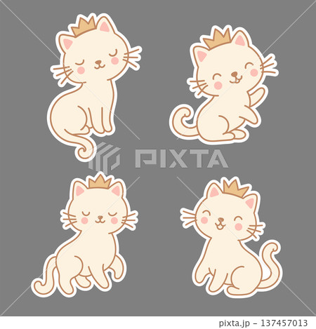 Cute Princess Cat Sticker Set with Crown, Kawaii Cartoon Kitty Characters Collection 137457013
