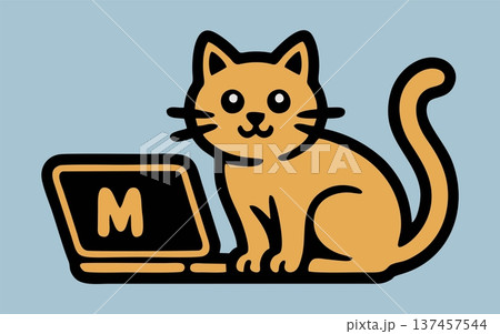 Cartoon Cat Illustration with Laptop in Minimalist Flat Style 137457544