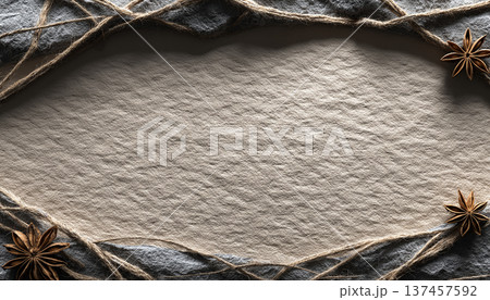ナチュラル紙テクスチャと麻紐フレームの背景素材 137457592