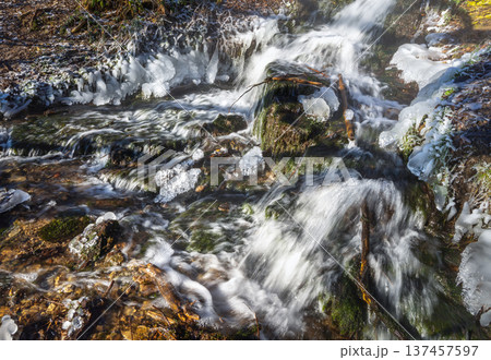 Close-up of icy cascades and steam over a non-freezing spring Close-up of icy cascades and steam over a non-freezing spring 137457597