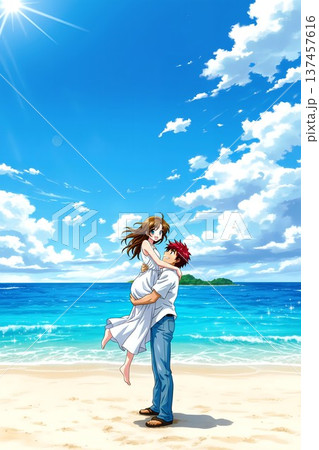 【プライベートビーチにて】抱き合う新婚カップルのイラスト 【プライベートビーチにて】抱き合う新婚カップルのイラスト 137457616