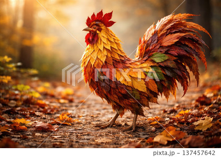 Autumn rooster of colorful leaves in a forest trail. 137457642