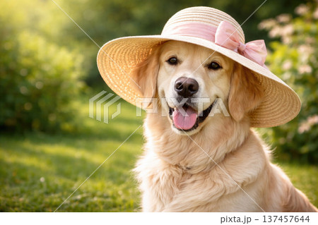 Golden retriever in straw hat smiling in garden. Space for text. 137457644