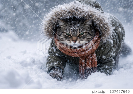 A cat in winter clothes making its way through deep snow. A cat in winter clothes making its way through deep snow. 137457649