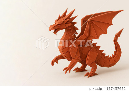 Origami paper dragon as a symbol of strength and imagination. Space for text. 137457652