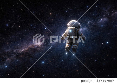 A lone astronaut soars in outer space. Space for text. 137457667