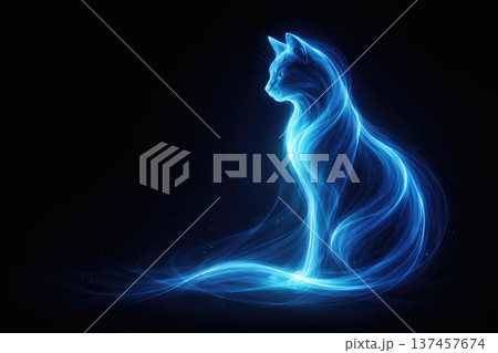 A glowing blue cat made of energy on a dark background. Space for text. A glowing blue cat made of energy on a dark background. Space for text. 137457674