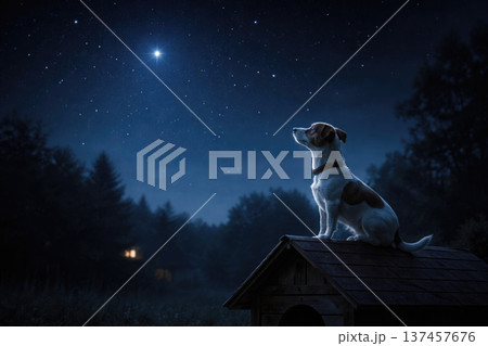 A dog on the roof of a kennel looks at a bright star at night. A dog on the roof of a kennel looks at a bright star at night. 137457676
