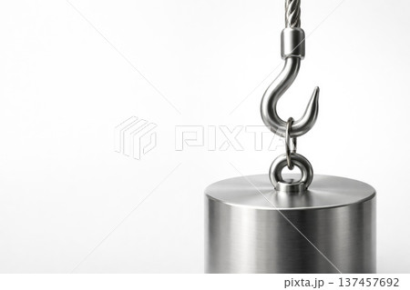 Metal weight on a hook on a white background. Space for text. Metal weight on a hook on a white background. Space for text. 137457692