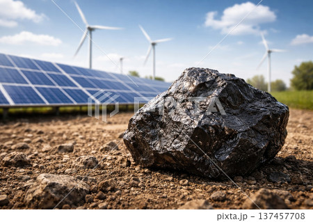 Coal against the background of solar panels and wind turbines. Coal against the background of solar panels and wind turbines. 137457708