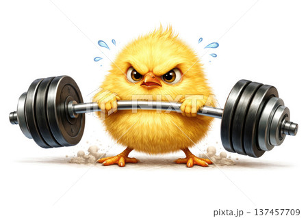 A small chicken lifts a heavy barbell. 137457709