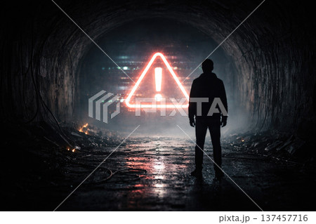 The silhouette of a man in front of a warning sign in a gloomy tunnel. The silhouette of a man in front of a warning sign in a gloomy tunnel. 137457716