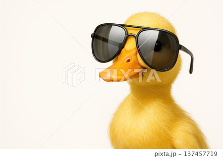 Yellow duckling in sunglasses. Space for text. 137457719