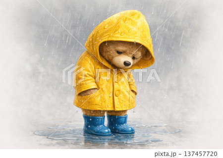 Teddy bear in the rain in a yellow raincoat. 137457720
