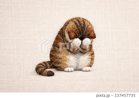 An embroidered cat covering its face with its paws, on linen fabric. Space for text. 137457735