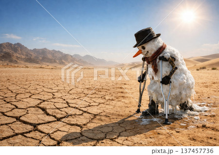 A melting snowman on crutches in a hot desert. Space for text. 137457736
