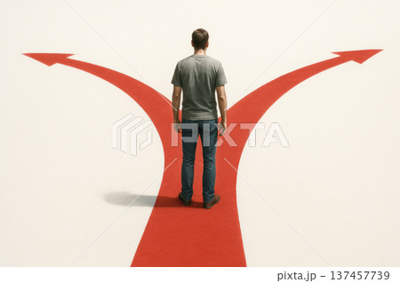 A man on the fork in the red carpet, facing a choice. 137457739