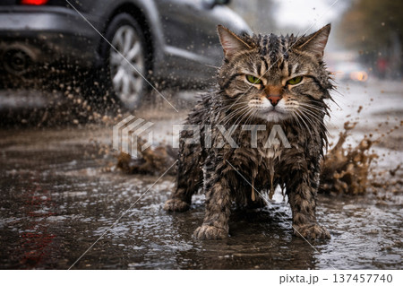 Wet angry cat in a puddle after splashes from a car. 137457740