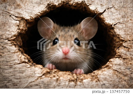 A mouse peeks out of a hole in the wood in close-up. 137457750