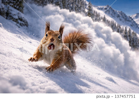 A squirrel runs away from an avalanche in the mountains. 137457751