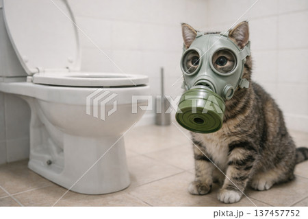 A cat in a gas mask next to the toilet. A cat in a gas mask next to the toilet. 137457752