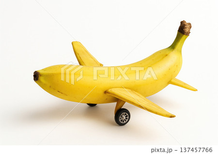 Banana in the shape of an airplane on a light background. Banana in the shape of an airplane on a light background. 137457766