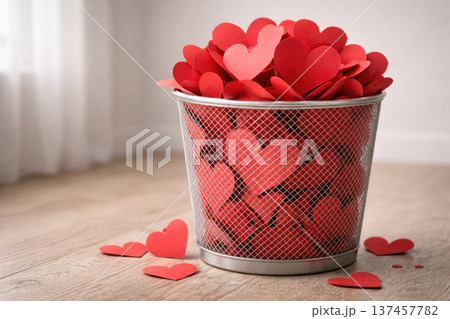 Red paper hearts are thrown into the trash. Space for text. Red paper hearts are thrown into the trash. Space for text. 137457782