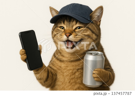 A cat in a cap holds a smartphone and a tin can. A cat in a cap holds a smartphone and a tin can. 137457787