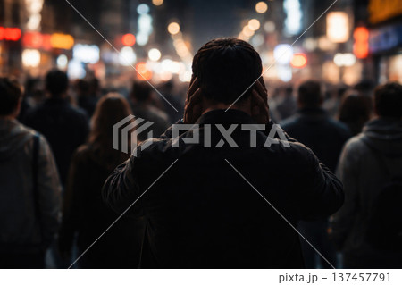 A man in a noisy crowd covers his ears with his hands. 137457791